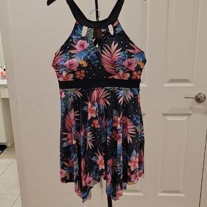 BloomChic Black One-Piece Swimdress with Pink & Blue Tropical Floral Print